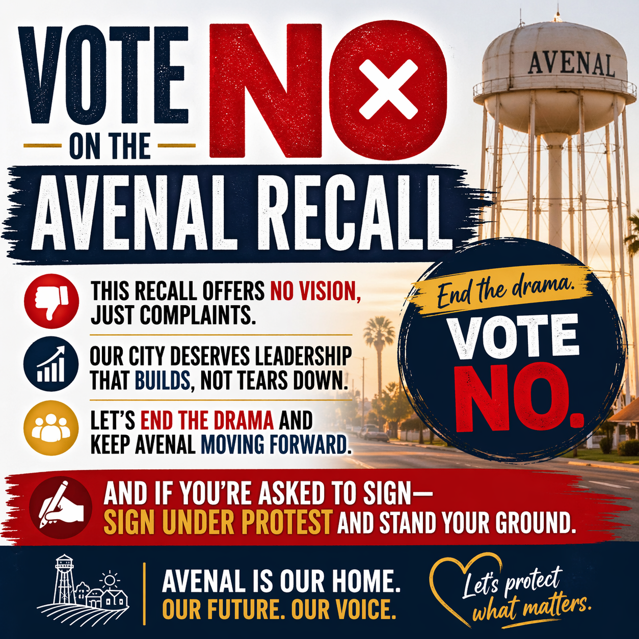 Vote NO on the Avenal Recall — End the drama. Vote No. Avenal is our home, our future, our voice.